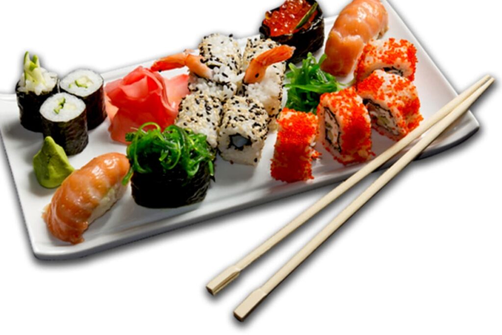 Walmart Sushi served with California roll, Wakame, Nigirizushi, Caviar in a white tray with chopsticks.