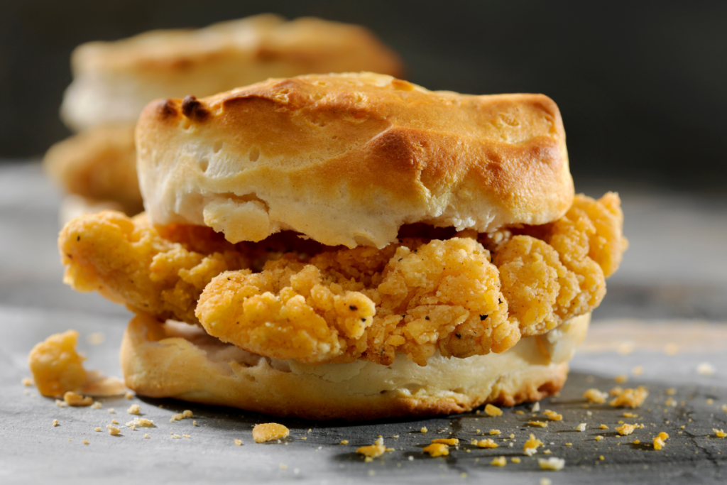 Chick Fil A Chicken Biscuit can be served only in Chick Fil A restaurant. The fried chicken is placed in middle of the biscuits. 