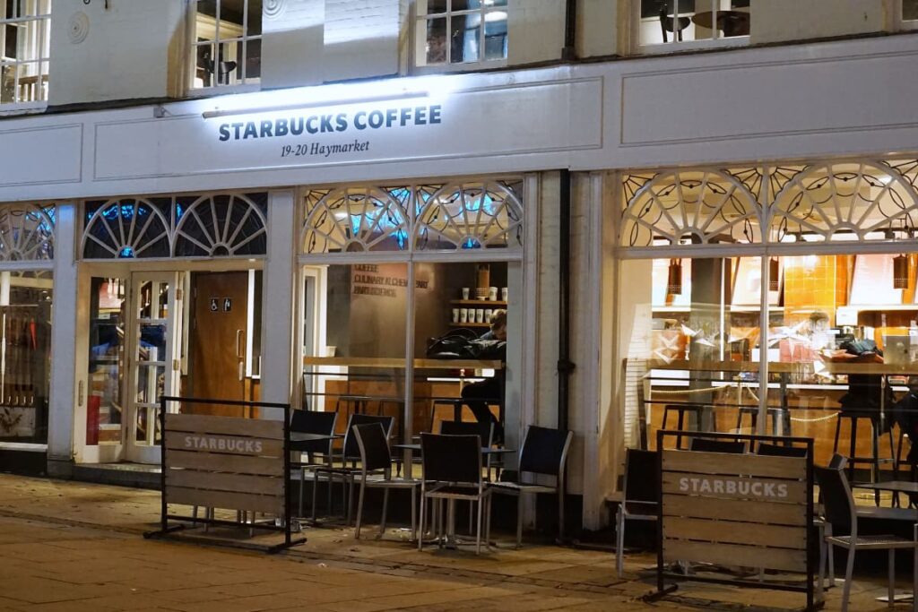 Starbucks have so many locations in US. Here is one of them, it is located in Starbucks Coffee, 19-20 Haymarket. In this location they allowed us to sit outside and inside of the restaurant. Outside some chairs to sit and inside some chairs are seated. 