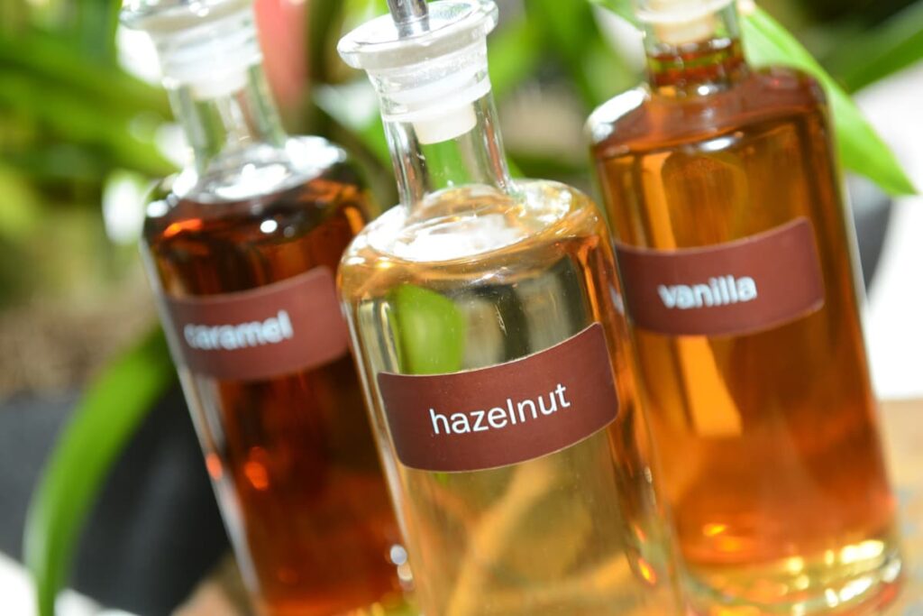 Starbucks Use different types of syrups which are hazelnut, vanilla, caramel. These three syrups can be stored in a glass jar, which is closed with the tight lid. 