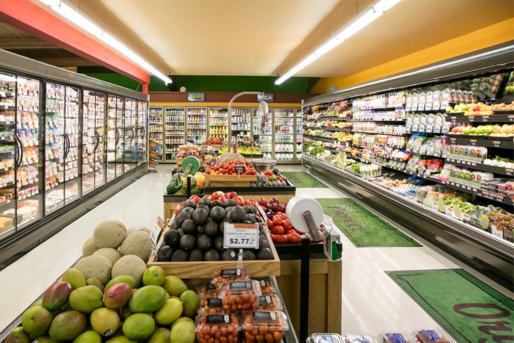 The Biggest Walmart contains fresh fruits like mangoes, apples, kiwi, watermelon, grocery items , fresh breads, sauces, milk products.