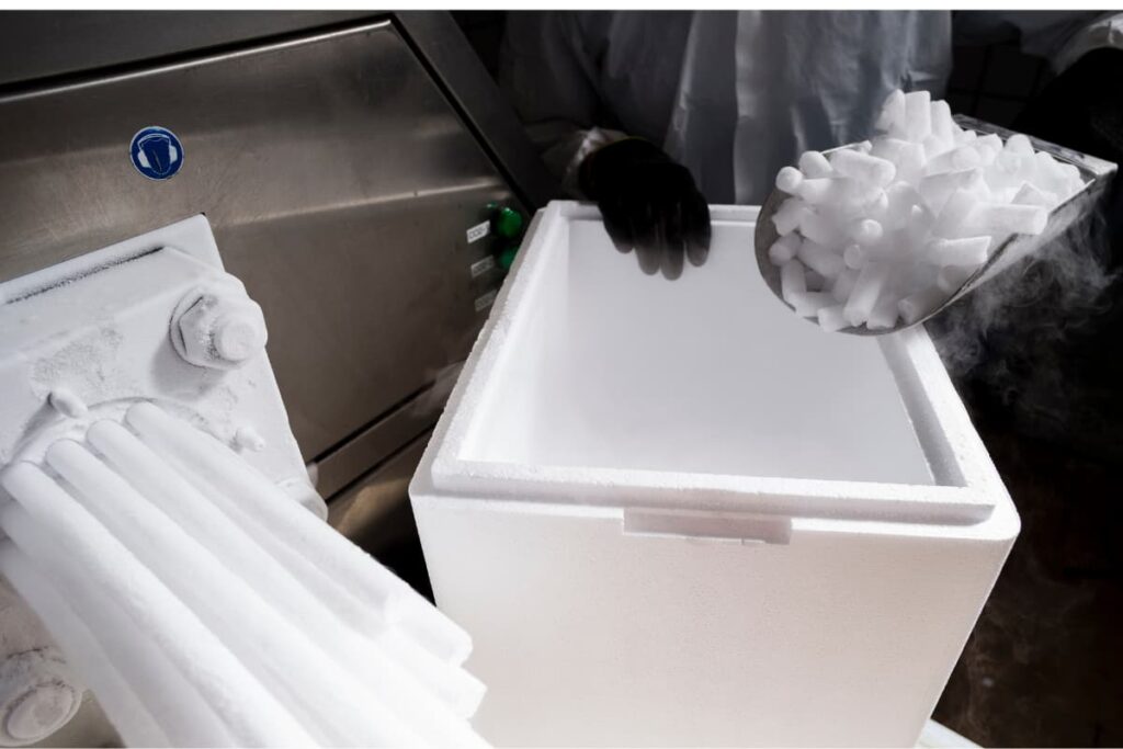 Dry Ice at Publix storing in the ice boxes by a person who is wearing black gloves at the store.
