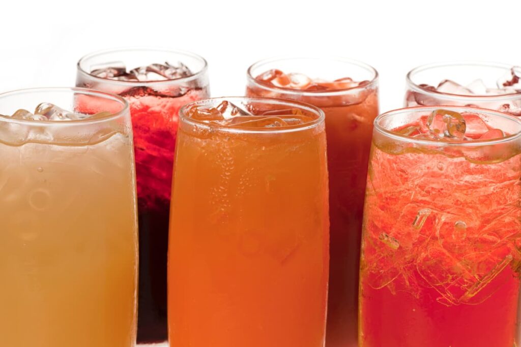 Starbucks Healthiest Drinks are available in different flavors, with different colors, all are served in a glass. Here there are 6 healthy drinks, which are different colors, different flavors all are garnished with ice cubes.